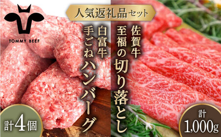 手ごねハンバーグ 4個＆佐賀牛 切り落とし 1000g（250g×4パック）/ ハンバーグ 牛肉切り落とし [IAH131]