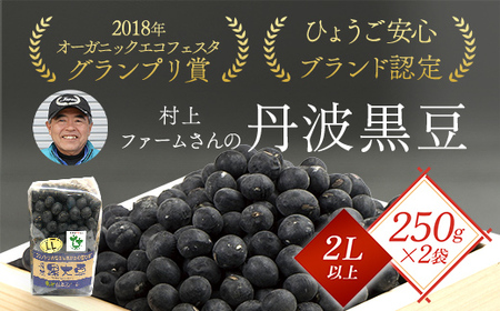＜12月15日までの入金で年内発送＞【令和5年産】村上ファームさんの丹波黒豆250g（2L以上）×2個セット 丹波黒大豆 丹波黒豆 丹波黒 黒豆 黒大豆 大豆 ダイズ 黒ダイズ クロマメ くろまめ 大粒 有機JAS認証 無農薬栽培 煮豆 おせち おせち料理 お正月 正月料理 兵庫県 朝来市 AS1BA19