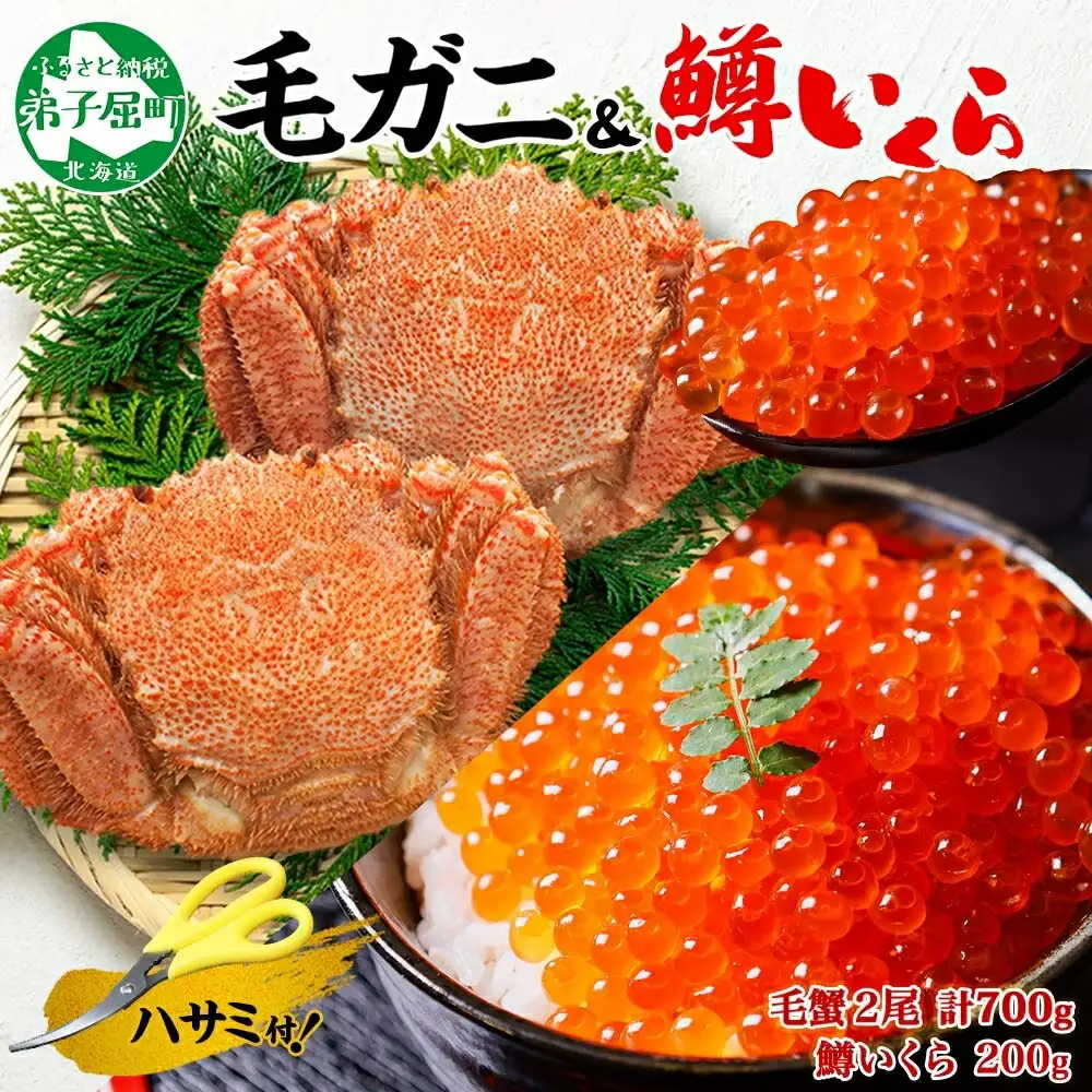 3629. 毛蟹 2尾 計700g前後 鱒いくら醤油漬け 200g 専用ハサミ・食べ方ガイド付き 毛ガニ 毛がに 蟹 カニ  鱒いくら いくら 醤油漬け ボイル 北海道 弟子屈町