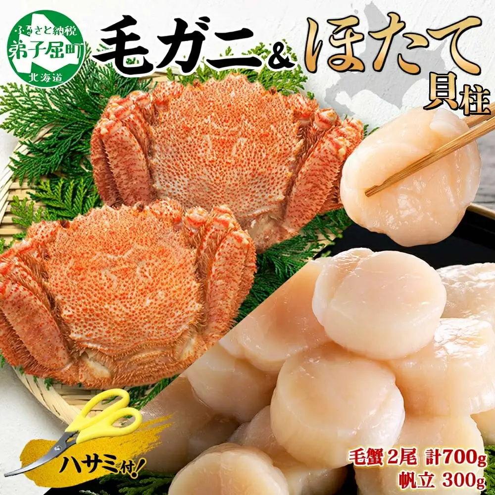 3419. 毛蟹 2尾 計700g前後 ホタテ 300g 専用ハサミ・食べ方ガイド付き 毛ガニ 毛がに 蟹 カニ カニ味噌 ほたて 帆立 貝柱 海鮮 ボイル 北海道 弟子屈町