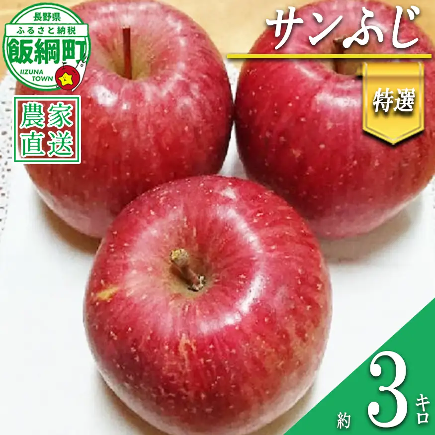 りんご サンふじ 特選 3kg やまじゅうファーム 沖縄県への配送不可 2026年12月中旬頃から2026年12月下旬頃まで順次発送予定 令和8年度収穫分 信州の環境にやさしい農産物 減農薬栽培 長野県 飯綱町 [0533]