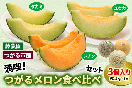 【先行予約】満喫！ つがるメロン 食べ比べセット (タカミ・ユウカ・レノン) 各1.6kg 3玉セット｜舐瓜 [0669]