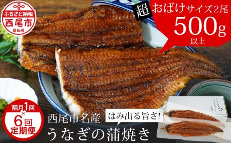 【定期便】三河産うなぎ「超おばけ蒲焼き2尾(合計500g以上)」×6回(隔月1回　1年間)・A134-120