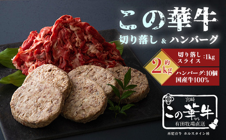 宮崎県産「この華牛 切落しスライス&ハンバーグ(各1kg)」高原有田牧場直送の国産でおいしい牛肉  TF0461-P00037