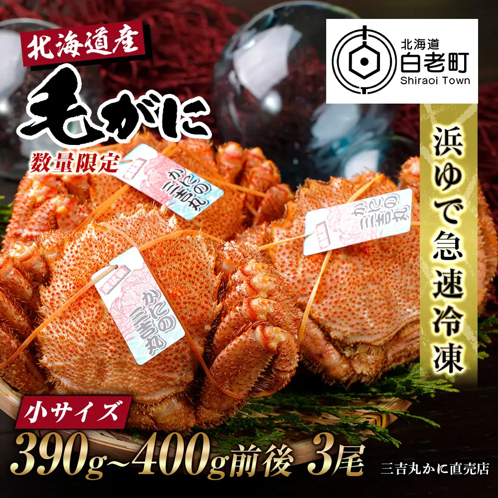 【小サイズ】北海道産 冷凍ボイル毛ガニ (390g-400g前後) 3尾 AS085