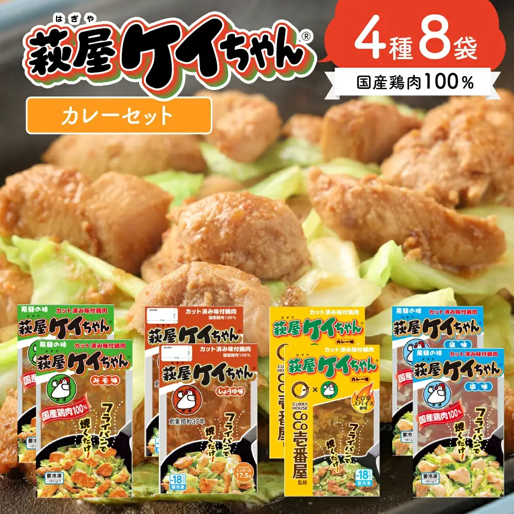 萩屋ケイちゃんスタンダードカレーセット　みそ味・カレー味・しょうゆ味・しお味（各230g×2）計8パック 冷凍配送 けいちゃん 鶏ちゃん【10-7】