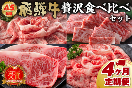 【定期便】A5等級　飛騨牛贅沢食べ比べセット※4回に分けてのお届けとなります。（サーロインステーキ680ｇ・ロースすき焼き用750ｇ・ロースしゃぶしゃぶ用750ｇ・ロース焼肉用750ｇ）【0016-084】岐阜県 可児市 肉 牛肉 国産 ﾌﾞﾗﾝﾄﾞ 和牛 黒毛和牛 ﾘﾌﾞﾛｰｽ ﾋﾚ ｻｰﾛｲﾝ 甘味 旨味 冷凍