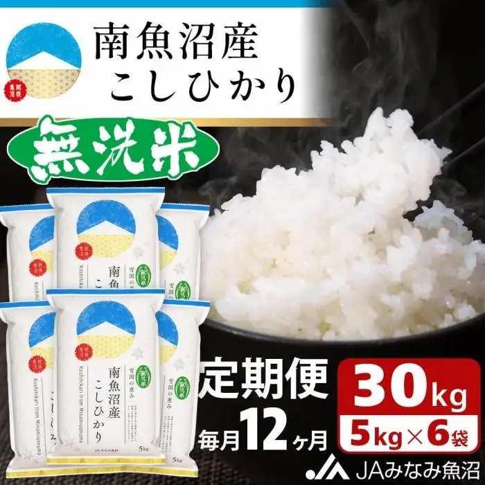 【JAみなみ魚沼定期便】南魚沼産こしひかり無洗米（30kg×全12回）研がずに炊ける 節水 手間いらず 精米 特A獲得日本一産地 高品質精米 雪国の恵み もっちり甘い 南魚沼産コシヒカリ｜無洗米