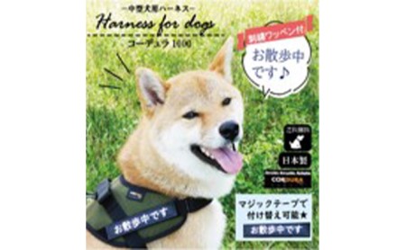 【中型犬用】ハーネス　コーデュラ×刺繍ワッペン付（お散歩中）レッド◇