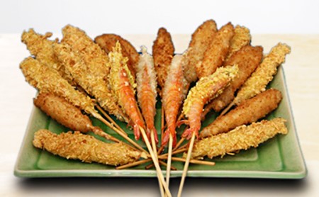 瀬戸内海産 海の幸 串揚げ 生パン粉 湯葉衣 魚介類 魚貝類 加工食品 ナシフグ 太刀魚 ハゼ 芝エビ あなご 惣菜 揚げ物 
