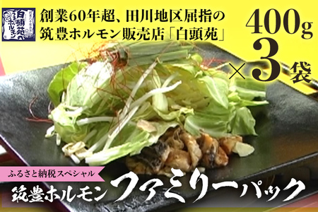 ふるさと納税限定仕様　ファミリーパック【味付ホルモン400g×3、自家製煮込タレ×3、つけタレ×1】白頭苑 ホルモン ホルモン鍋