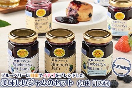 栃木県上三川町産ブルーベリーに蜂蜜やイチゴをブレンドした美味しいジャムのセット(3種・計7本・ブルーベリージャム(140g)×3本/ブルーベリー蜂蜜入りジャム(140g)×2本/ブルーベリー＆いちごジャム(140g)×2本) | 自家製 手作り 無添加 添加物不使用 減農薬