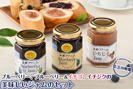上三川産のブルーベリー、ブルーベリー＆イチゴ、イチジクの美味しいジャムのセット | 果物 フルーツ 国産 栃木県上三川町産 自家製ジャム 手作りジャム 無添加 保存料不使用 添加物不使用 減農薬