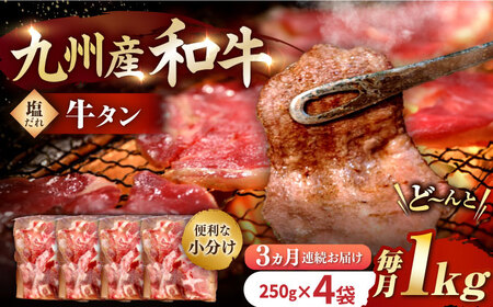 【3回定期便】【塩だれ】九州産和牛の牛タン 約1kg（約250g×4パック）長与町/岩永ホルモン [EAX081] 国産 焼肉 薄切り スライス