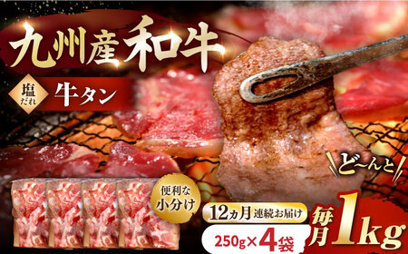 【12回定期便】【塩だれ】九州産和牛の牛タン 約1kg（約250g×4パック）長与町/岩永ホルモン [EAX083] 国産 焼肉 薄切り スライス