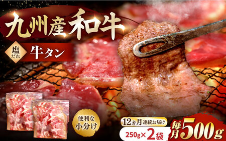 【12回定期便】【塩だれ】九州産和牛の牛タン 約500g（約250g×2パック）長与町/岩永ホルモン [EAX087] 国産 焼肉 薄切り スライス