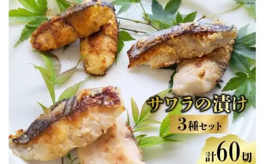 BG049サワラの漬け3種セット 計60切 ( 西京漬け & 金山寺漬け & 塩麹漬け 各20切 ）【おかず 詰め合わせ 魚 鰆 さわら サワラ さごし サゴシ 丸政水産 長崎県 島原市】