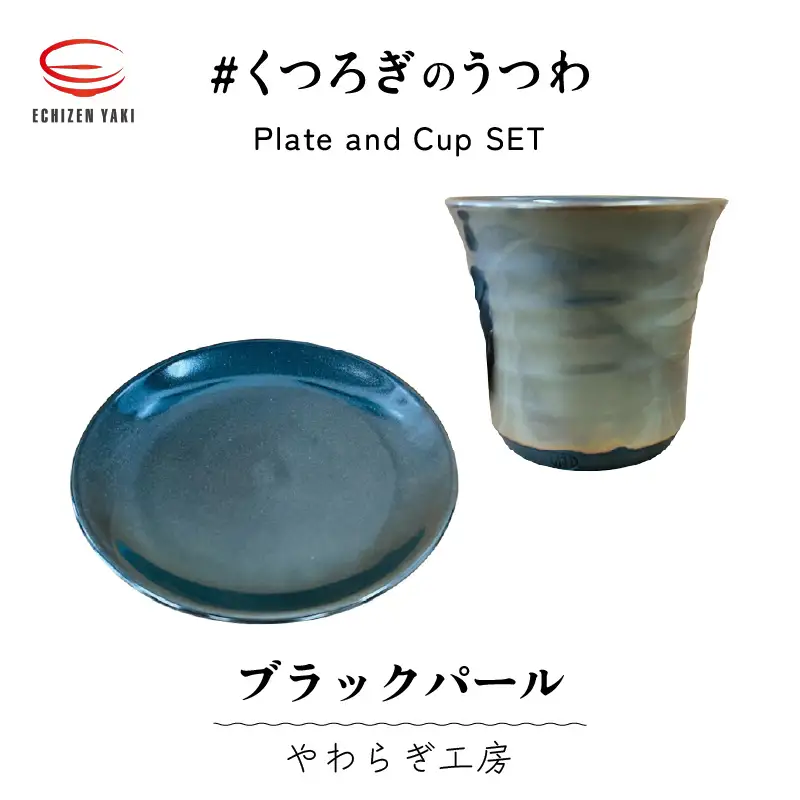 【越前焼】やわらぎ工房 ブラックパール 皿とカップ 【 陶器 食器   福井県 伝統工芸品 マグカップ】 [e25-b006]