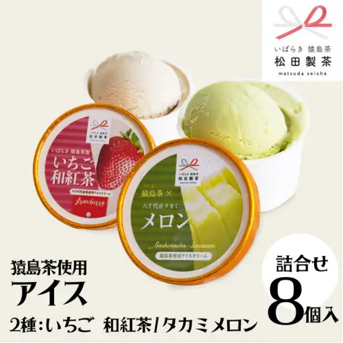 猿島茶使用 アイス 8個入 詰め合わせ ( いちご 和紅茶 / タカミメロン ) 各4個 あいす ふるさと納税 ギフト スイーツ お菓子 お祝い [AF103ya] 