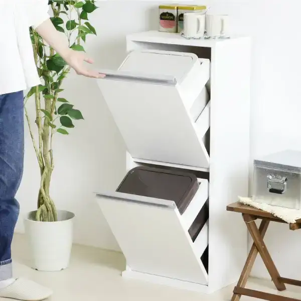 木製2分別ダストボックス(ホワイト) ゴミ箱 燕三条製 [川口工器]