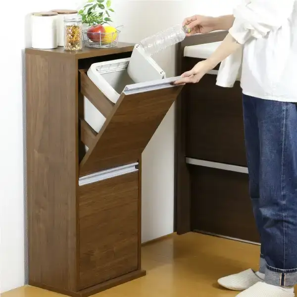 木製2分別ダストボックス ブラウン ゴミ箱 完成品 燕三条製 [川口工器]