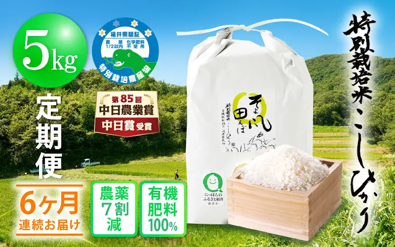  【中日賞受賞】米 定期便 ≪6ヶ月連続≫ 特別栽培米 コシヒカリ 5kg × 6回 （有機肥料100% 農薬7割減）「そよ風田んぼ」田んぼの天使  [e10-h002]