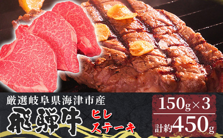 【飛騨牛】海津市産ヒレステーキ150g×3 【配達不可：離島】 お肉 牛肉 ステーキ用 国産 岐阜県産 ブランド牛 夕飯 記念日 ディナー 希少部位 贅沢 赤身 柔らかい 濃厚 旨味 