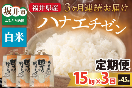 【先行予約】【令和8年産・新米】定期便 ≪3ヶ月連続お届け≫ ハナエチゼン15kg×3回 計45kg ～本原農園からまごころコメて～（白米）【2026年9月上旬以降順次発送予定】 [I-8906_01]