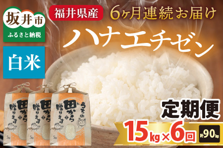 【先行予約】【令和8年産・新米】定期便 ≪6ヶ月連続お届け≫ ハナエチゼン15kg×6回 計90kg ～本原農園からまごころコメて～（白米）【2026年9月上旬以降順次発送予定】 [N-8905_01]