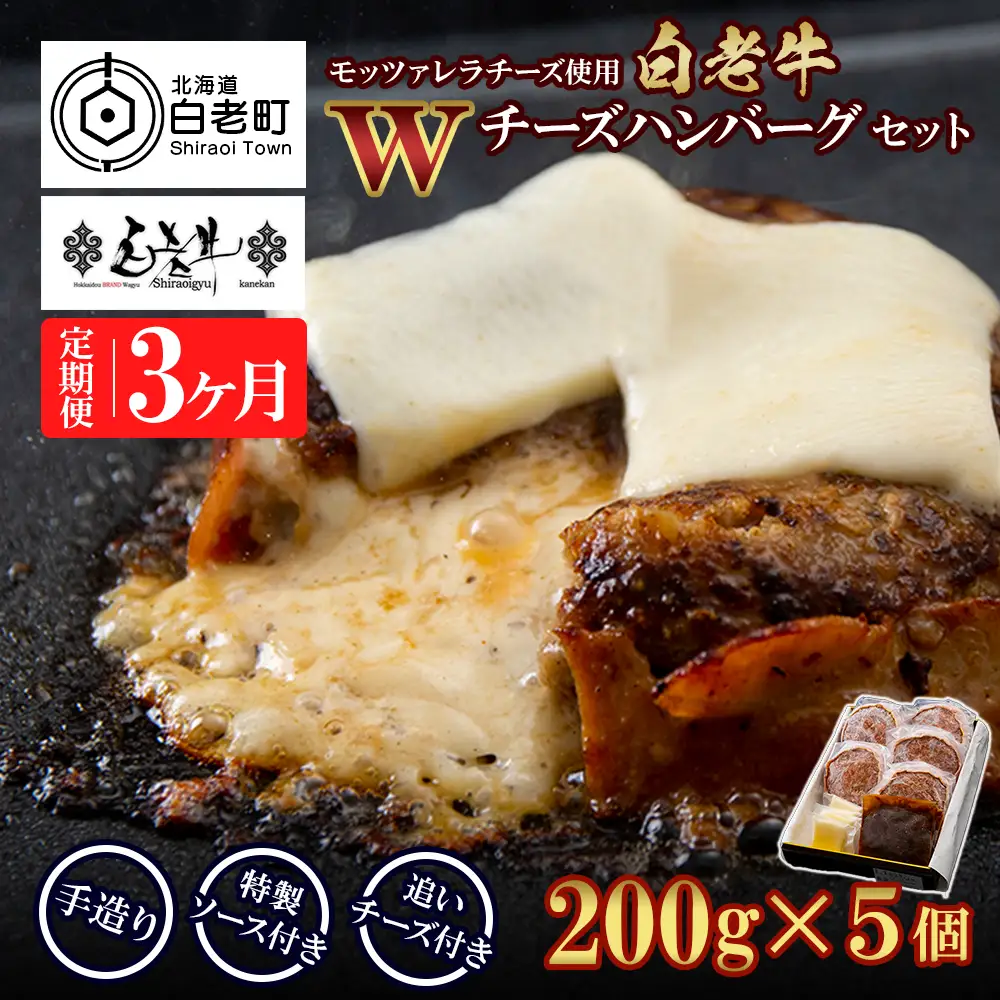 定期便3カ月 お楽しみ 白老牛 Ｗチーズ ハンバーグ セット 5個 BY088