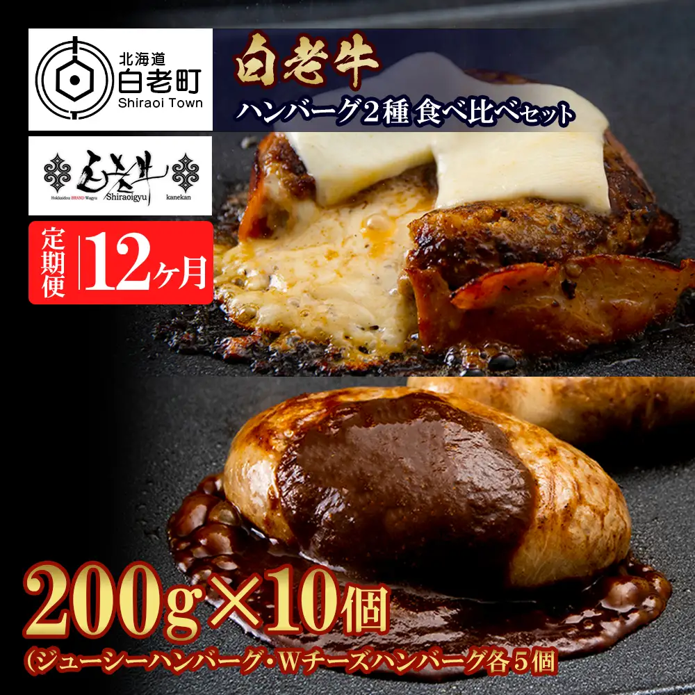 定期便12カ月 お楽しみ 白老牛 2種 食べ比べ ハンバーグ セット 合計10個 BY108