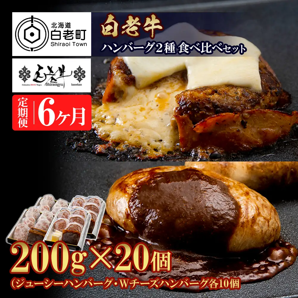 定期便6カ月 お楽しみ 白老牛 2種 食べ比べ ハンバーグ セット 合計20個 BY110