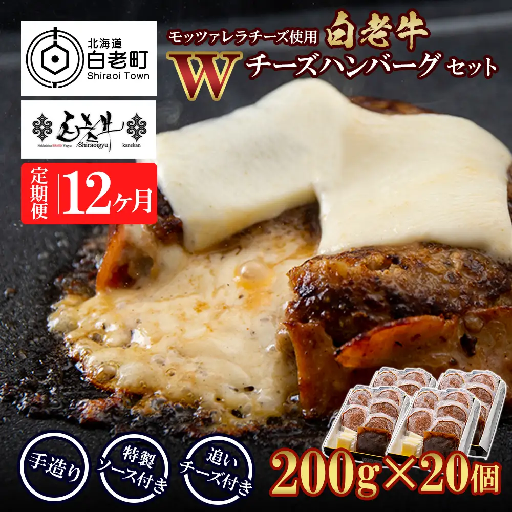 定期便12カ月 お楽しみ 白老牛 Ｗチーズ ハンバーグ セット 20個 BY096