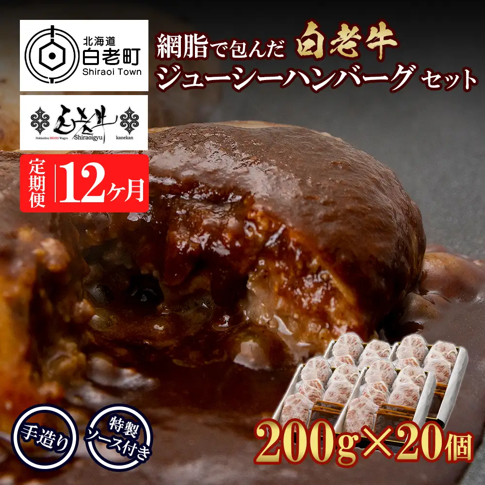 定期便12カ月 お楽しみ 白老牛 ジューシー ハンバーグ セット 20個 BY105