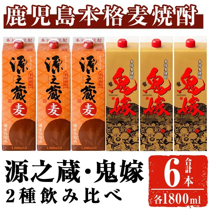 本格 麦 焼酎 飲み比べ 岩川醸造 1800mlパック 6本セット！(源之蔵、鬼嫁：各1800ml×3本)【大隅家】B138-v02