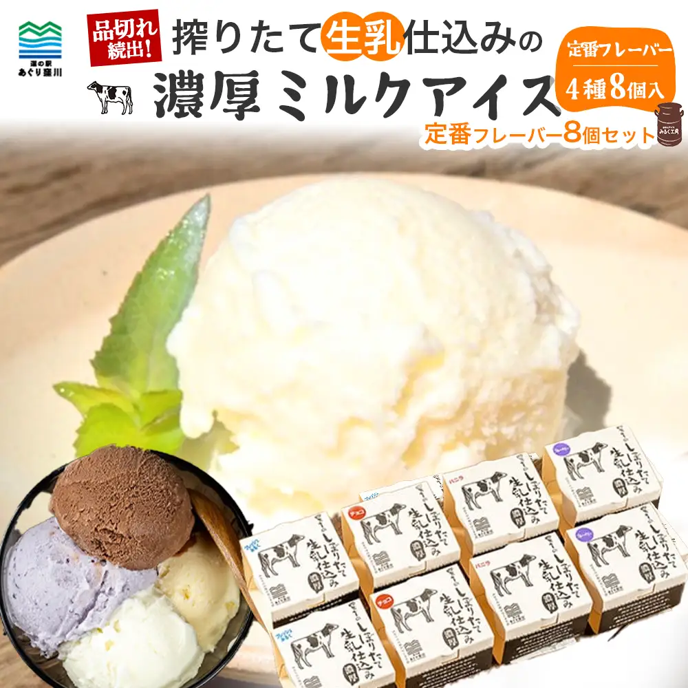 搾りたて生乳 仕込みの濃厚 ミルクアイス 定番フレーバー（8個セット） Qak-A33 アイスクリーム アイス アイスセット バニラアイス ブルーベリーアイス いちごアイス イチゴアイス チョコ チョコアイス アイス大容量 詰め合わせ 冷凍