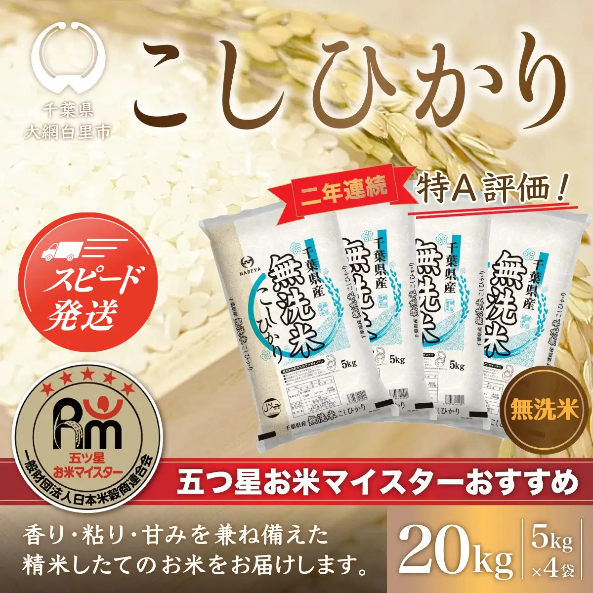 【最短2～7営業日出荷】令和7年産 2年連続特A評価!千葉県産コシヒカリ20kg無洗米（5kg×4袋） E005