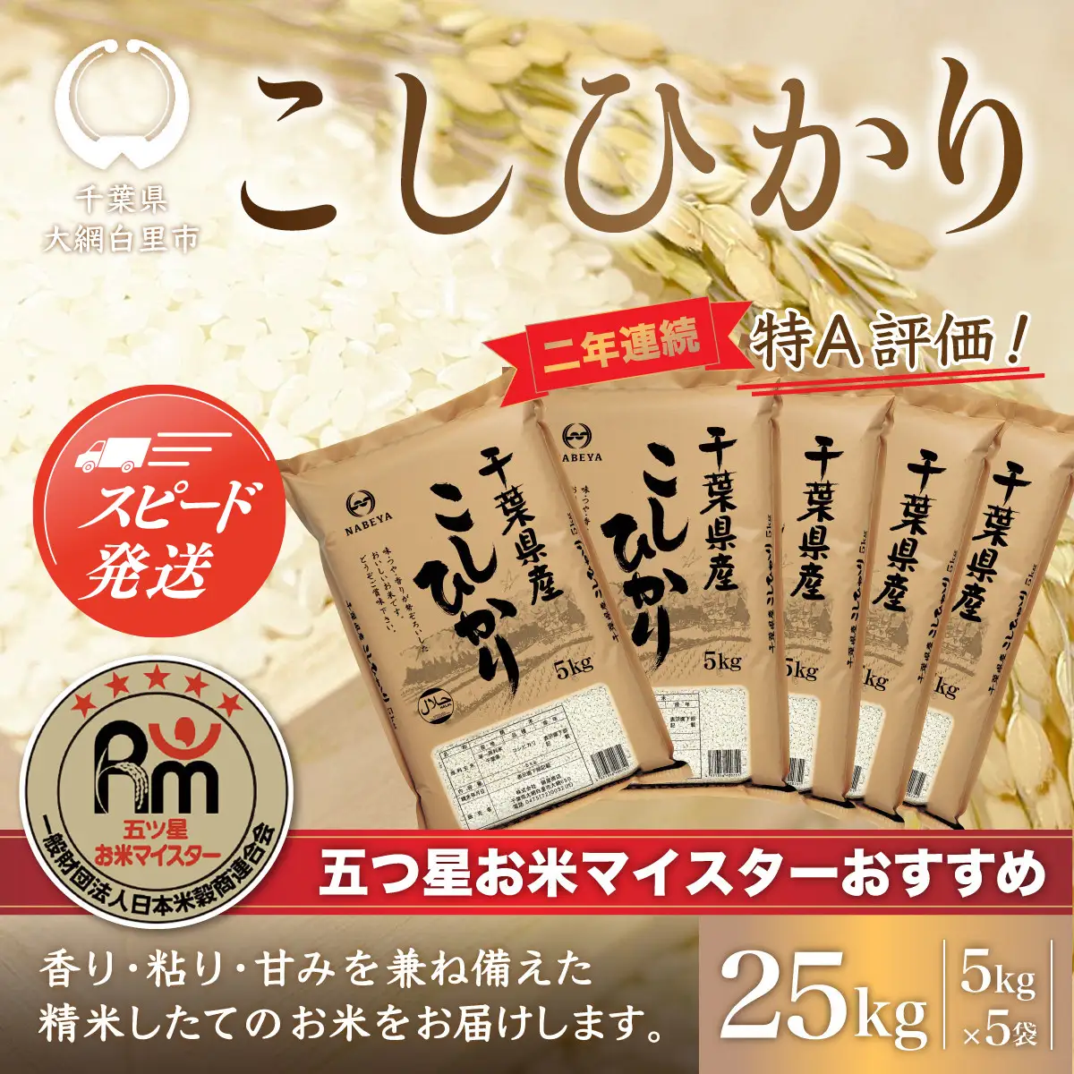 【最短2～7営業日出荷】令和7年産 2年連続特A評価!千葉県産コシヒカリ25kg（5kg×5袋） E007