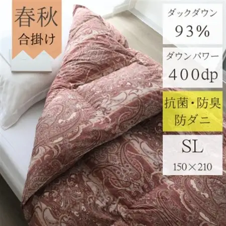 春夏秋3シーズン使える合掛ヨーロッパ産ダウンパワー400(上質ダウン93%0.8kg)シングル赤_雑貨・日用品 布団 寝具 _【1128333】