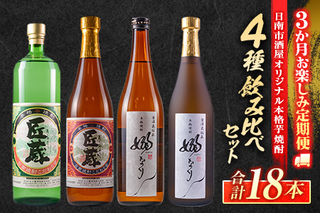 3か月 お楽しみ 定期便 日南市 酒屋 オリジナル 本格 芋焼酎 4種 飲み比べ セット 合計18本 アルコール 飲料 国産 お酒 匠蔵 嫋なり 松の露酒造 古澤醸造 おすすめ 呑み比べ 晩酌 家呑み 宅呑み お祝い ご褒美 記念日 お取り寄せ お土産 宮崎県 送料無料_IF2-22