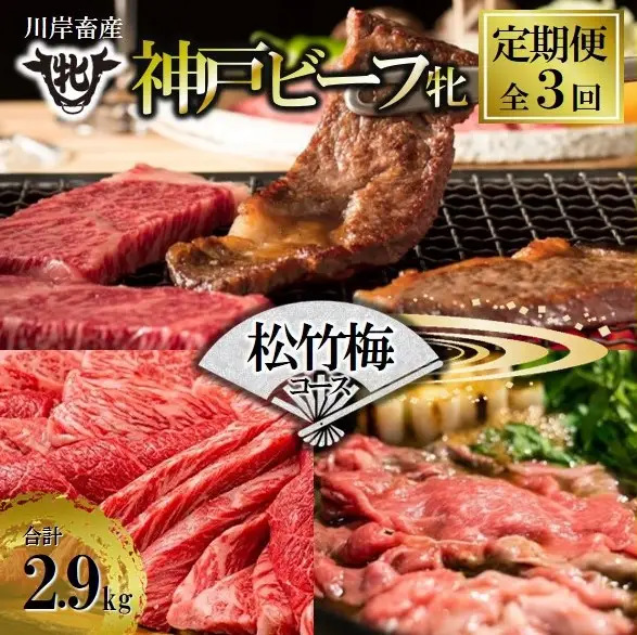【神戸牛 牝】【定期便3回】松竹梅コース計2,900g(kawagishi-43)