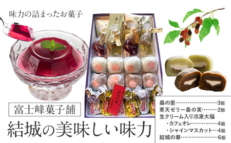 和菓子 結城の美味しい味力（みりょく）満載 富士峰菓子舗《90日以内に出荷予定(土日祝除く)》茨城県 結城市 和菓子 スイーツ 詰め合わせ 桑の里 寒天ゼリー 白餡 すりごま入り餡 ホワイトチョコレート 大福 コーヒー 抹茶 シャインマスカット