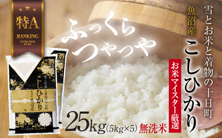 ｜無洗米｜ 魚沼産 コシヒカリ 5kg ×5袋 計25kg お米 こしひかり 新潟 （お米の美味しい炊き方ガイド付き） 精米 ご飯 ブランド米 銘柄米 