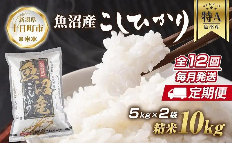【定期便】新潟県 魚沼産 コシヒカリ お米 10kg×計12回 精米済み 年間 毎月発送 こしひかり （お米の美味しい炊き方ガイド付き） ご飯 ブランド米 銘柄米 