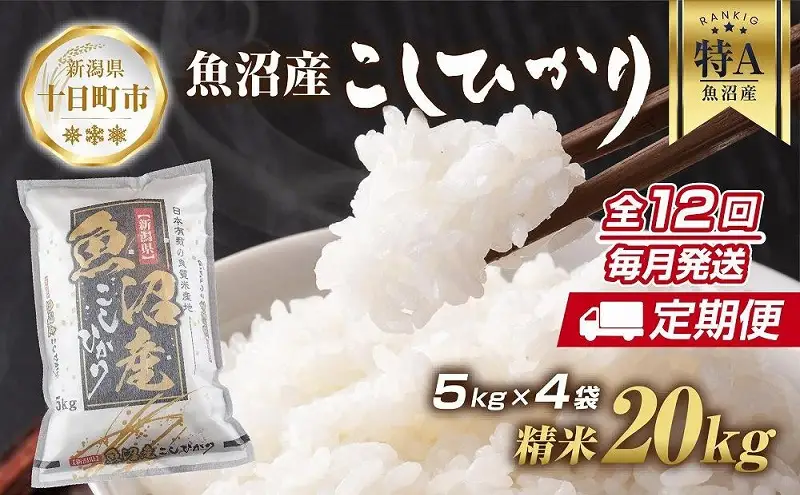 【定期便】新潟県 魚沼産 コシヒカリ お米 20kg×計12回 精米済み 年間 毎月発送 こしひかり（お米の美味しい炊き方ガイド付き） ご飯 ブランド米 銘柄米 