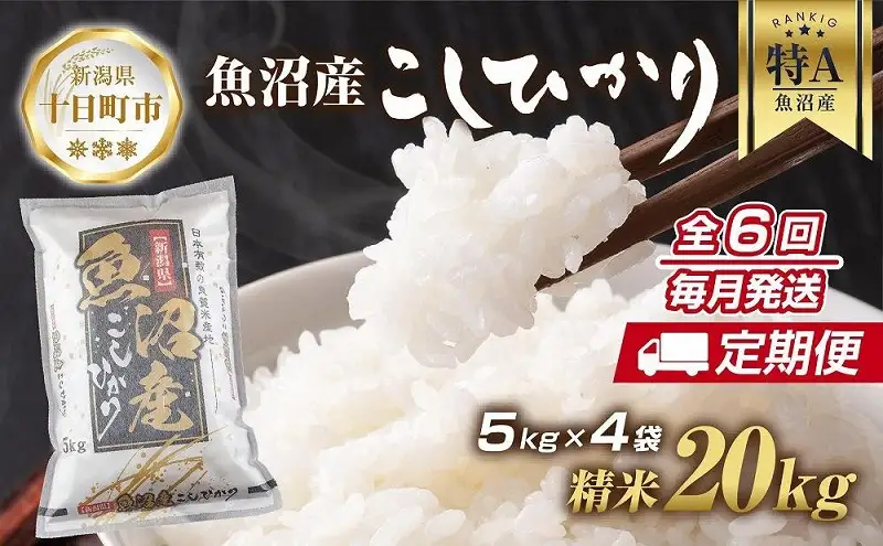 【定期便】新潟県 魚沼産 コシヒカリ お米 20kg×計6回 精米済み 半年間 毎月発送 こしひかり（お米の美味しい炊き方ガイド付き） ご飯 ブランド米 銘柄米 