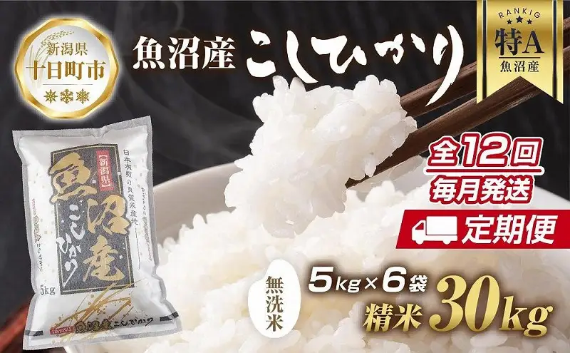 【定期便】｜無洗米｜ 新潟県 魚沼産 コシヒカリ お米 30kg×計12回 精米済み 年間 毎月発送 こしひかり（お米の美味しい炊き方ガイド付き） ご飯 ブランド米 銘柄米 