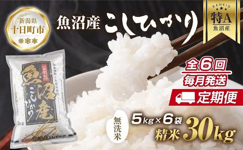 【定期便】｜無洗米｜ 新潟県 魚沼産 コシヒカリ お米 30kg×計6回 精米済み 半年間 毎月発送 こしひかり（お米の美味しい炊き方ガイド付き） ご飯 ブランド米 銘柄米 