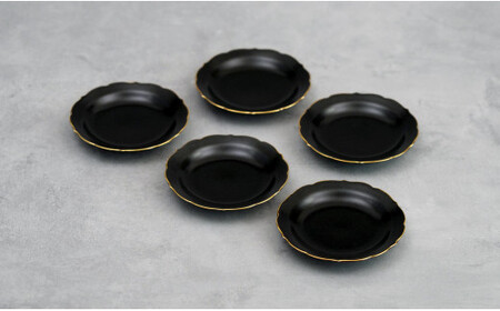 「モダン黒マット輪花小皿/5枚組」手のひらサイズの有田焼 深海三龍堂 豆皿 豆小皿 菓子皿 食器 おしゃれ 黒い皿 シンプルなお皿 35000円 3.5万円 A35-416