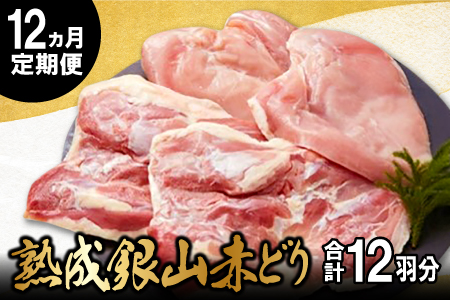 【熟成】銀山赤どり精肉定期便（１羽分×12回お届け）【鶏肉 定期便 地鶏 もも肉 むね肉 1羽分 まるごと 1kg～1.2kg 12回 合計12羽分 定期 鶏 赤鶏 赤どり 熟成 冷凍 真空パック 国産 島根県 大田市】